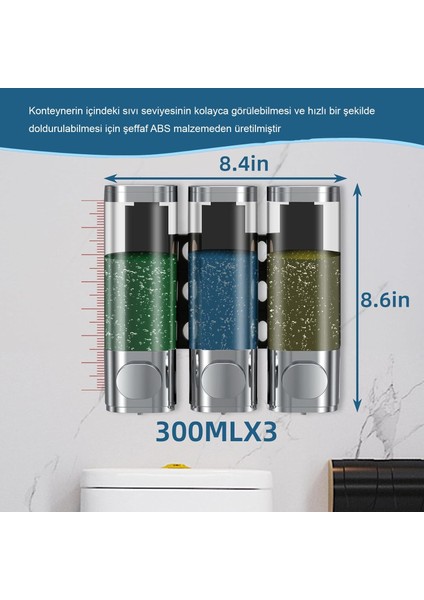 Duvara Monte 3 Bölmeli Sıvı Sabun ve Şampuan Dispanseri – Sızdırmaz, Şık ve Pratik Kullanım