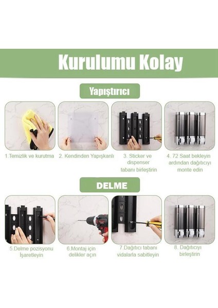 Duvara Monte 3 Bölmeli Sıvı Sabun ve Şampuan Dispanseri – Sızdırmaz, Şık ve Pratik Kullanım