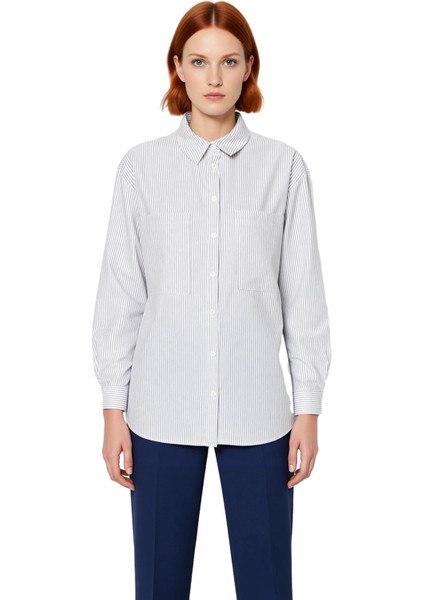 Kadın Çizgili Gömlek Cep Detaylı Geniş Kalıp Fonksiyonel Dayanıklı Kaliteli Konforlu Rahat