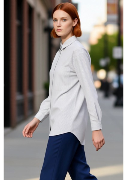 Kadın Çizgili Gömlek Cep Detaylı Geniş Kalıp Fonksiyonel Dayanıklı Kaliteli Konforlu Rahat indirimleri