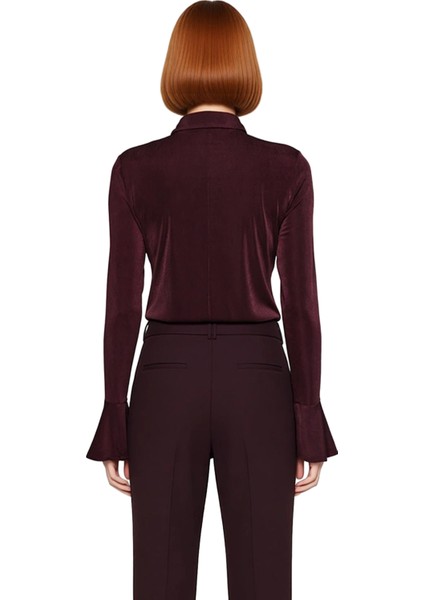 Kadın Parlak Yüzeyli Yumuşak Dokulu Gömlek Yaka Düğmeli Uzun Ispanyol Kol Örme Şık Bluz Spor indirimleri