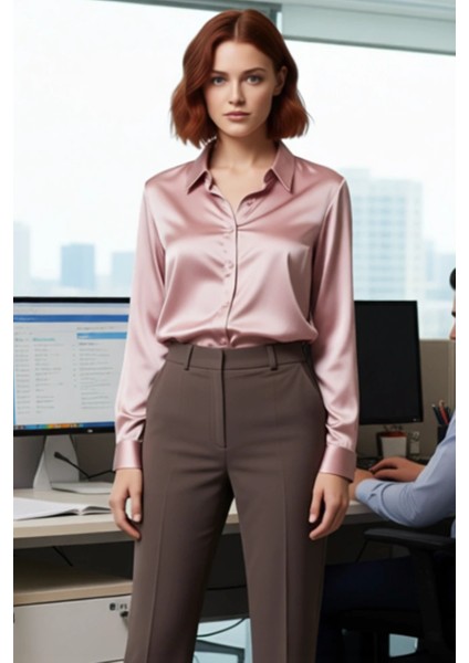 Kadın Için Şık Dokuma Saten Gömlek Regular Kalıp Uzun Kollu Zamansız Tasarım ve Konfor Spor modelleri