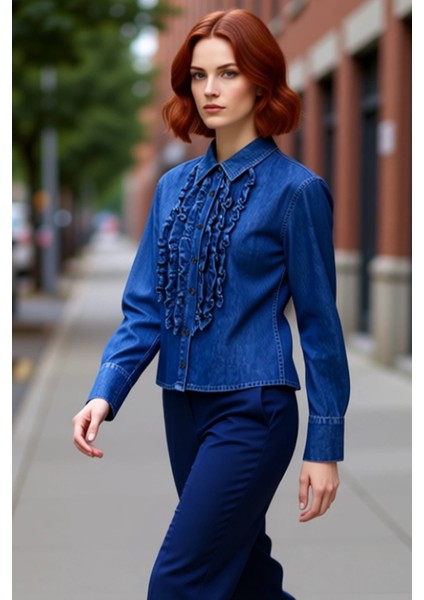 Kadın Fırfırlı Hakim Yaka Denim Gömlek Fonksiyonel Dayanıklı Kaliteli Konforlu Estetik Şık