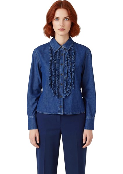 Kadın Fırfırlı Hakim Yaka Denim Gömlek Fonksiyonel Dayanıklı Kaliteli Konforlu Estetik Şık fırsatları