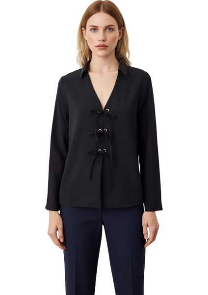 Kadın Bağcık Detaylı Şifon Gömlek Modeli Uzun Kollu Şık ve Modern Bir Tasarım Her Ortama Uyumlu