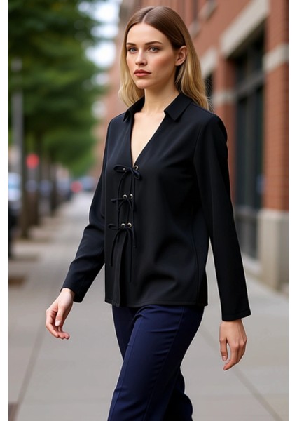 Kadın Bağcık Detaylı Şifon Gömlek Modeli Uzun Kollu Şık ve Modern Bir Tasarım Her Ortama Uyumlu indirimleri