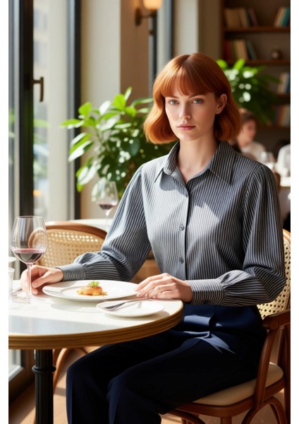 Kadın Çizgili Uzun Kollu Dokuma Gömlek Deri Kuşak Detaylı Şık ve Rahat Giyim Alternatifi Spor fiyatları