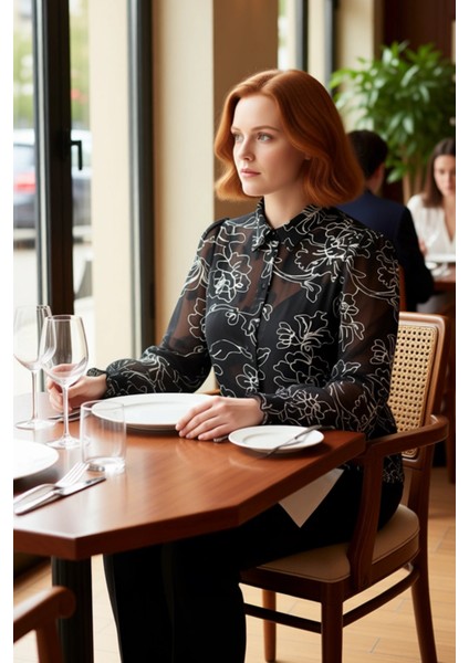 Kadın Transparan Çiçek Desenli Dokuma Gömlek Uzun Kollu Gipeli Manşetli Casual Şıklık Spor