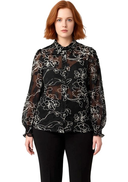 Kadın Transparan Çiçek Desenli Dokuma Gömlek Uzun Kollu Gipeli Manşetli Casual Şıklık Spor fiyatları