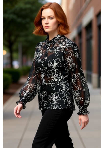 Kadın Transparan Çiçek Desenli Dokuma Gömlek Uzun Kollu Gipeli Manşetli Casual Şıklık Spor indirimleri