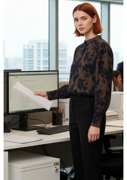 Kadın Rahat Kesim Desenli Gömlek Viskoz Polyester Materyal Şık Günlük Kullanım Fonksiyonel fırsatları