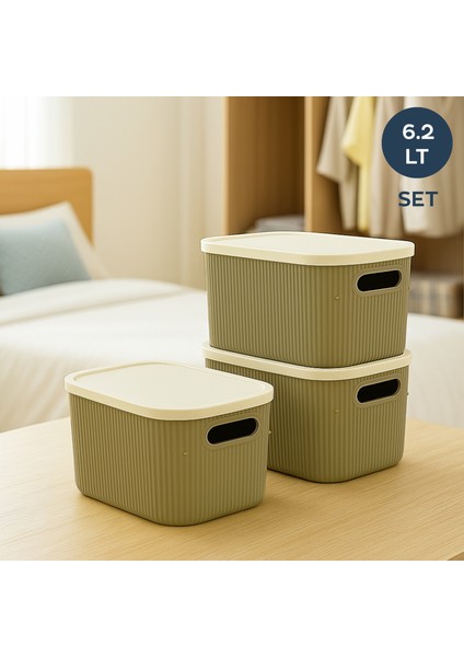 3 Adet Soft Yeşil Ekru Kapaklı Çok Amaçlı Kapaklı Organizer Kutu 6.2lt