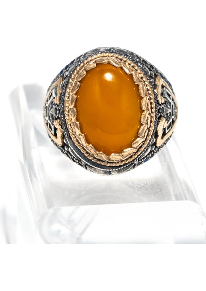 Bal Rengi Kehribar Taşlı 925 Ayar Gümüş Erkek Yüzük – Sıcak ve Zarif Görünüm