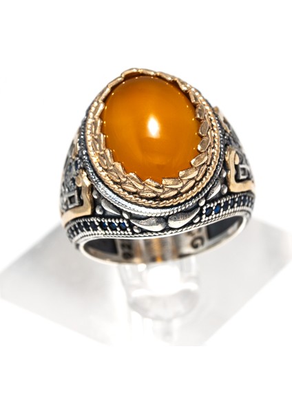 Bal Rengi Kehribar Taşlı 925 Ayar Gümüş Erkek Yüzük – Sıcak ve Zarif Görünüm fiyatları