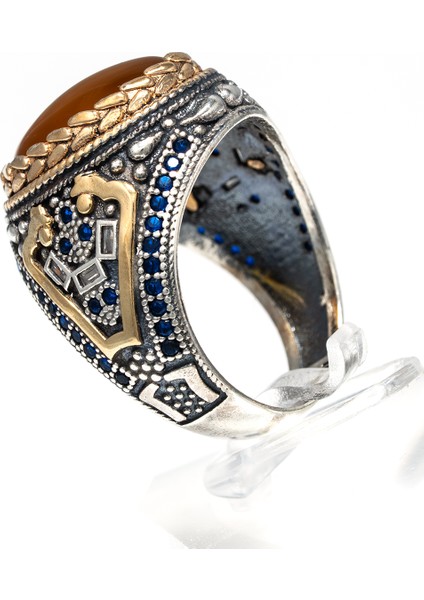 Bal Rengi Kehribar Taşlı 925 Ayar Gümüş Erkek Yüzük – Sıcak ve Zarif Görünüm indirimleri