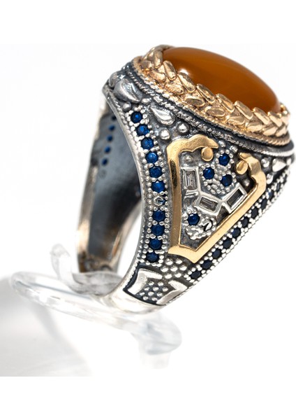 Bal Rengi Kehribar Taşlı 925 Ayar Gümüş Erkek Yüzük – Sıcak ve Zarif Görünüm