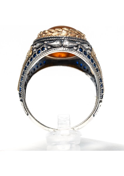 Bal Rengi Kehribar Taşlı 925 Ayar Gümüş Erkek Yüzük – Sıcak ve Zarif Görünüm