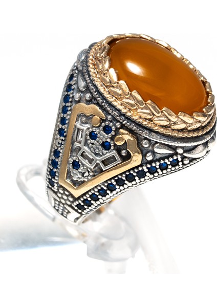 Bal Rengi Kehribar Taşlı 925 Ayar Gümüş Erkek Yüzük – Sıcak ve Zarif Görünüm