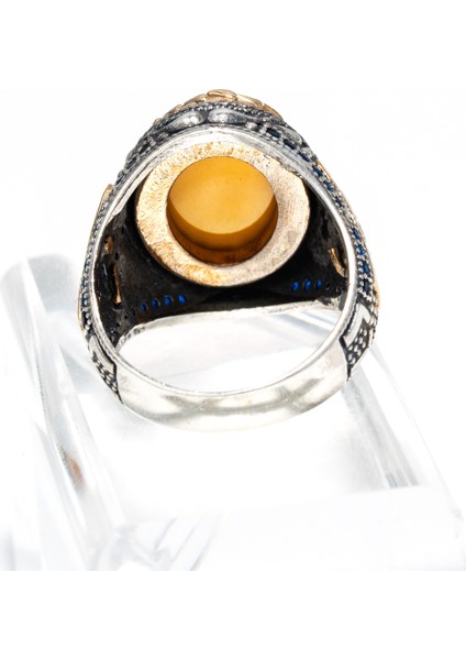 Bal Rengi Kehribar Taşlı 925 Ayar Gümüş Erkek Yüzük – Sıcak ve Zarif Görünüm