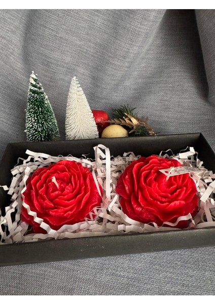 Yeni Yıl Sofranız Için Ikili Kırmızı Şakayık Çiçek Mum Yılbaşı Dekorasyonu Arkadaşınıza Hediye