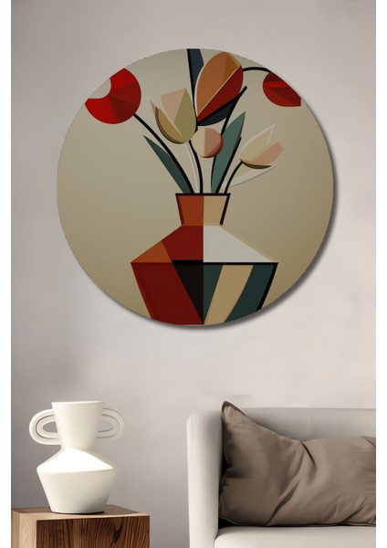 Geometrik Lale Buketi Yağlı Boya Görünümlü Ahşap Dekoratif Tablo Yuvarlak Tablo