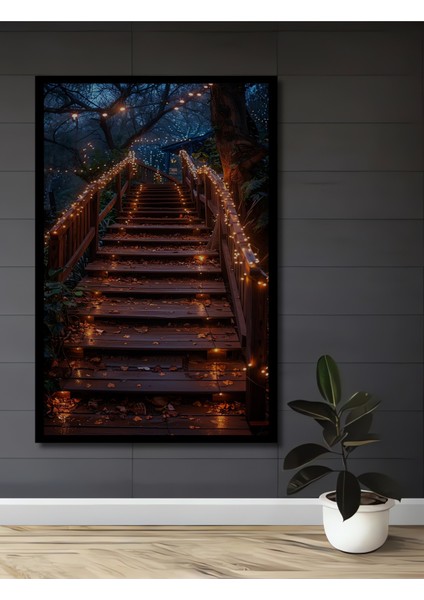 Ahşap Merdiven Işık Yağmuru Yağlı Boya Görünümlü Ahşap Dekoratif Tablo Dikdörtgen Tablo fiyatları