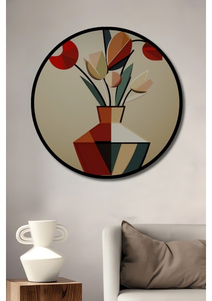 Geometrik Lale Buketi Yağlı Boya Görünümlü Ahşap Dekoratif Tablo Yuvarlak Tablo fiyatları
