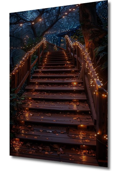 Ahşap Merdiven Işık Yağmuru Yağlı Boya Görünümlü Ahşap Dekoratif Tablo Dikdörtgen Tablo modelleri