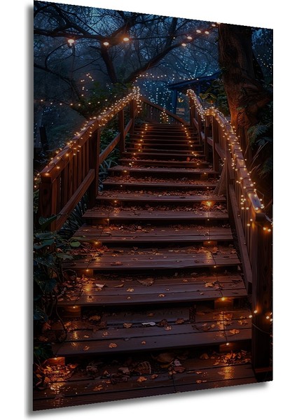 Ahşap Merdiven Işık Yağmuru Yağlı Boya Görünümlü Ahşap Dekoratif Tablo Dikdörtgen Tablo fırsatları
