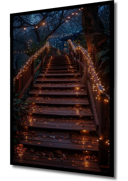 Ahşap Merdiven Işık Yağmuru Yağlı Boya Görünümlü Ahşap Dekoratif Tablo Dikdörtgen Tablo indirimleri