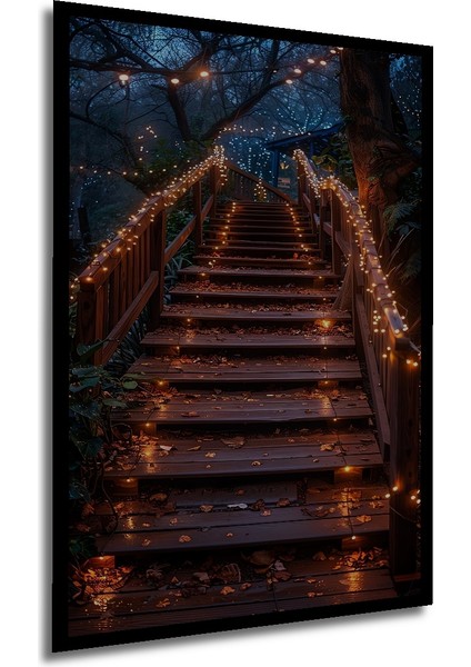 Ahşap Merdiven Işık Yağmuru Yağlı Boya Görünümlü Ahşap Dekoratif Tablo Dikdörtgen Tablo