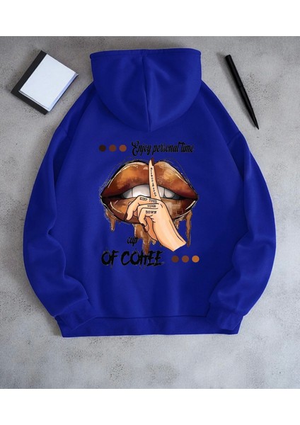 Punıx Büyük Beden Özel Tasarım Kapüşonlu Enjoy Tıme Sırt Baskılı %100 Pamuk Oversize Kadın Sweatshırt