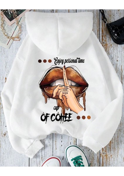 Punıx Büyük Beden Özel Tasarım Kapüşonlu Enjoy Tıme Sırt Baskılı %100 Pamuk Oversize Kadın Sweatshırt