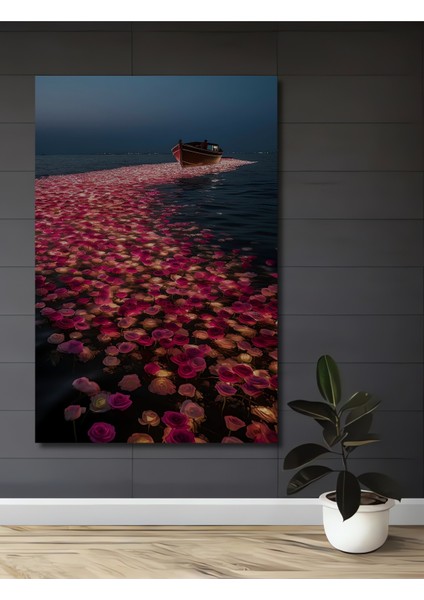 Gül Denizi Tekne Yolculuğu Sulu Boya Görünümlü Dekoratif Ahşap Tablo Dikdörtgen Tablo