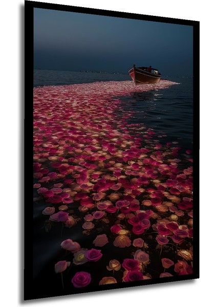 Gül Denizi Tekne Yolculuğu Sulu Boya Görünümlü Dekoratif Ahşap Tablo Dikdörtgen Tablo