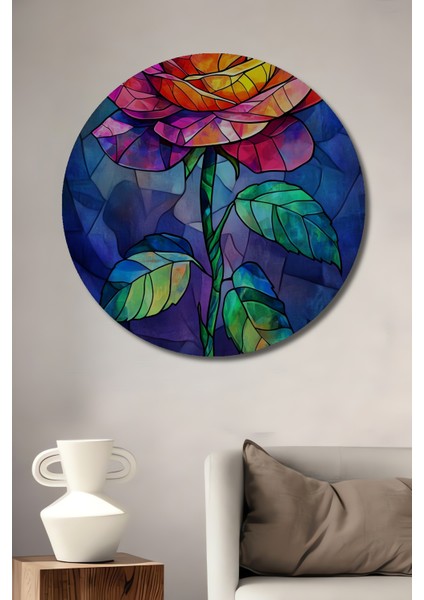 Göz Alıcı Cam Vitray Görünümlü Renkli Gül Tablo Ahşap Dekoratif Tablo Yuvarlak Tablo