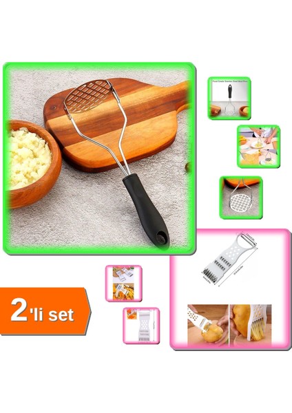 Renkli Plastik Saplı Paslanmaz Metal Patates Ezici + Rende Soyacak 5 Fonksiyonlu - 2li Set X1Y2Z