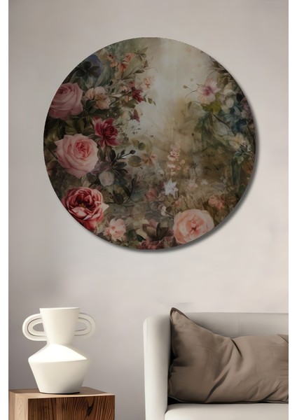 Romantik Gül Bahçesi Yağlı Boya Görünümlü Ahşap Dekoratif Tablo Yuvarlak Tablo