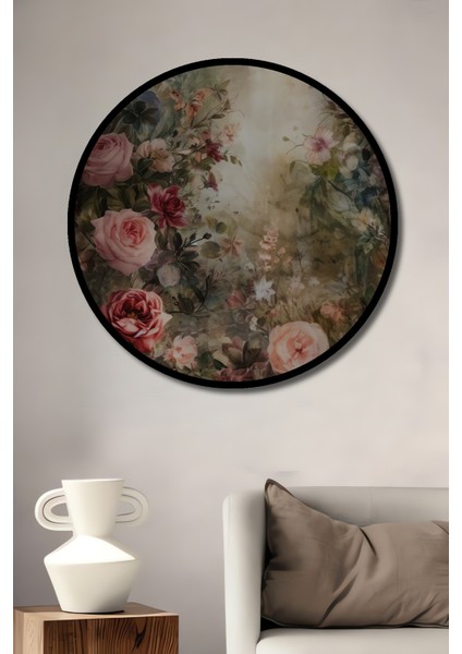 Romantik Gül Bahçesi Yağlı Boya Görünümlü Ahşap Dekoratif Tablo Yuvarlak Tablo fiyatları