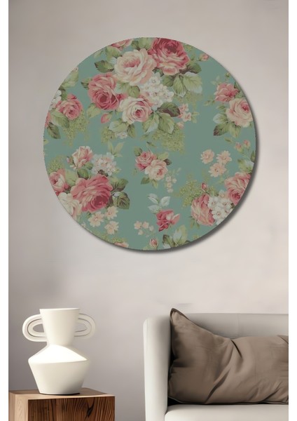 Büyük Gül Buketi Sulu Boya Görünümlü Ahşap Dekoratif Tablo Yuvarlak Tablo