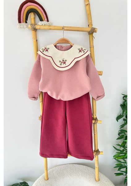 Işleme Yaka Asimetrik Detaylı Kız Çocuk kışlık takım - Mor