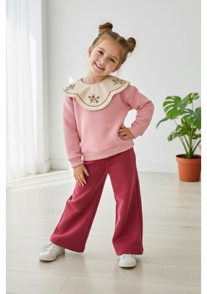 Işleme Yaka Asimetrik Detaylı Kız Çocuk kışlık takım - Mor fiyatları