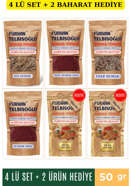Sumak Ekşi Toz 50GR + Özel Sumak Ekşi Toz 50GR + Tane Sumak 50GR + Organik Çöplü Sumak 50GR + 2 Baharat Hediye