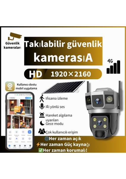 4g Sım Kartlı Güneş Enerjili Güvenlik Kamerası, 6mp Güneş Enerjili, Gece Görüşü, Hareket Algılama, Çift Yönlü Ses, IP66 Korumalı modelleri