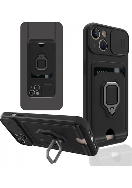 iPhone 14 Kılıf Zuma Kartvizitli Yüzüklü Silikon - Siyah (K95)