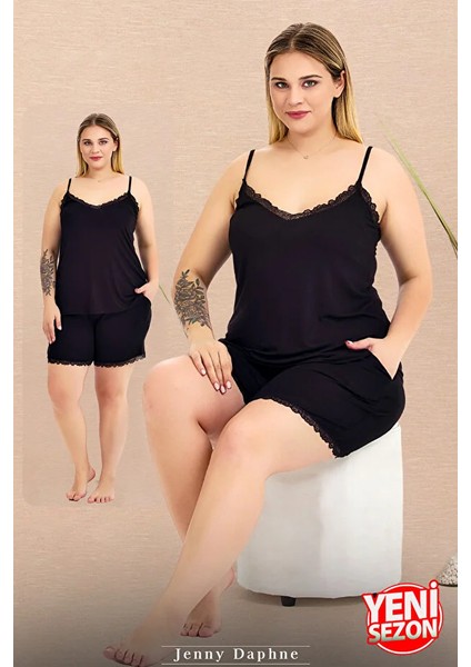 Lady Büyük Beden Siyah Renkli Ince Askılı Dantelli Şortlu Pijama Takımı modelleri