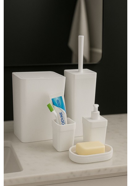 Şık 5'li Banyo Seti Modern Sabunluk Diş Fırçası Haznesi Çöp Kovası ve Tuvalet Fırçası Takımı