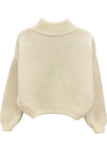 6700 Kadın Dik Yaka Balon Triko Kazak Naturel