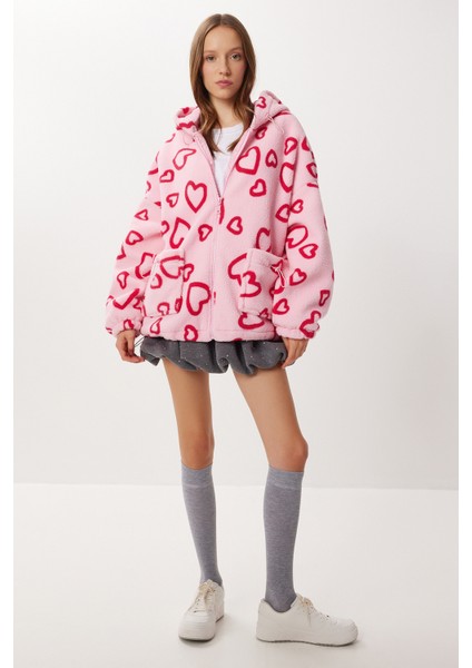 Kapüşonlu Kalpli Oversize Peluş Mont LCI0058 Pembe