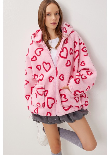 Kapüşonlu Kalpli Oversize Peluş Mont LCI0058 Pembe fiyatları